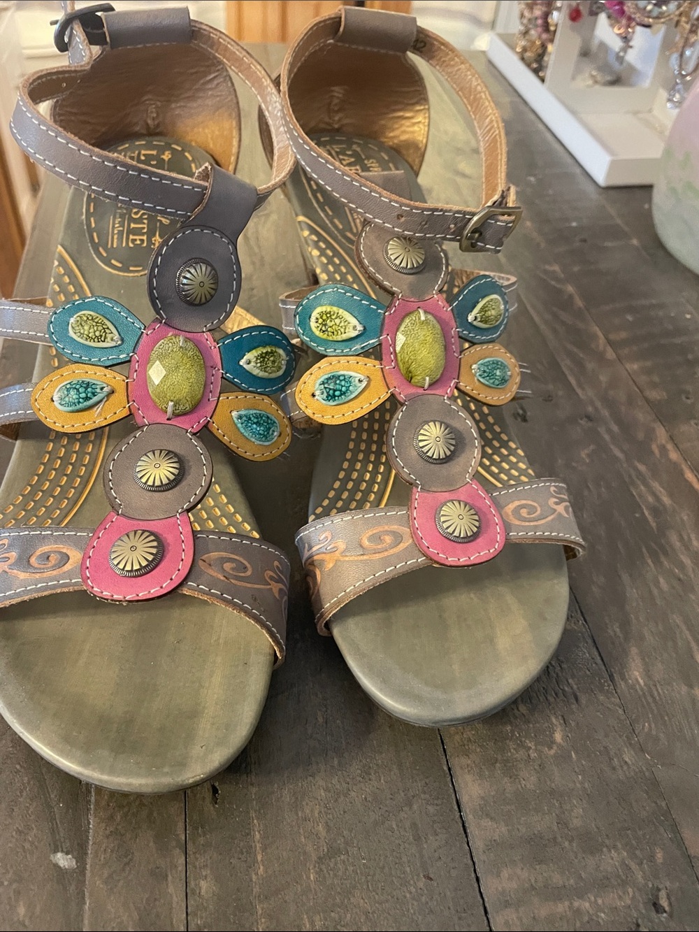 L'ATISTE Brown Leather Sandals with Pink, Yellow & Teal Floral Accents